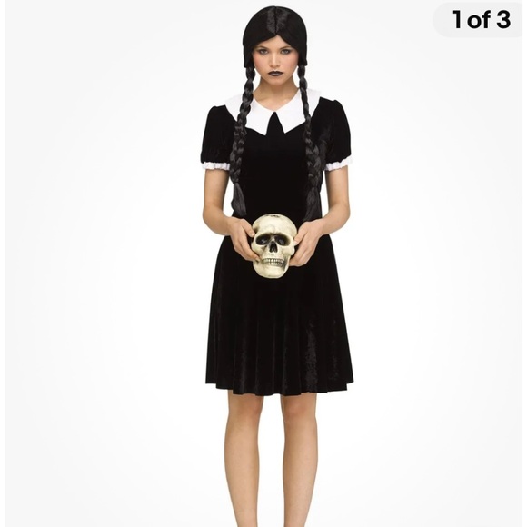 WEDNESDAY ADDAMS Size 1X Gothic Costume Black Dress White Collar Forever 21 NEW - Picture 3 of 15